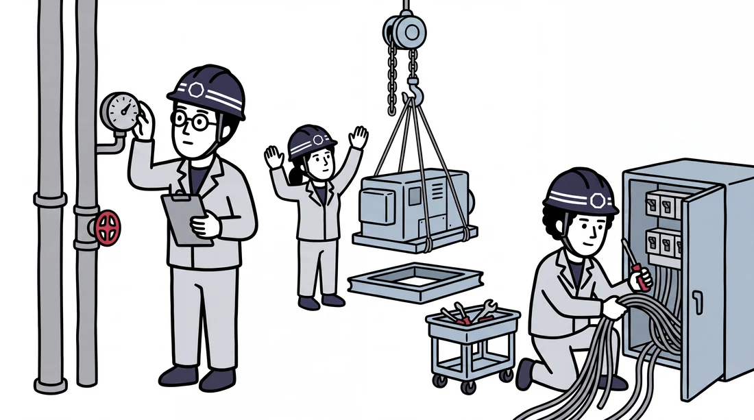 エンジニアリング部の作業風景のイラスト（機械設備・電気設備・計装設備・艤装設備）